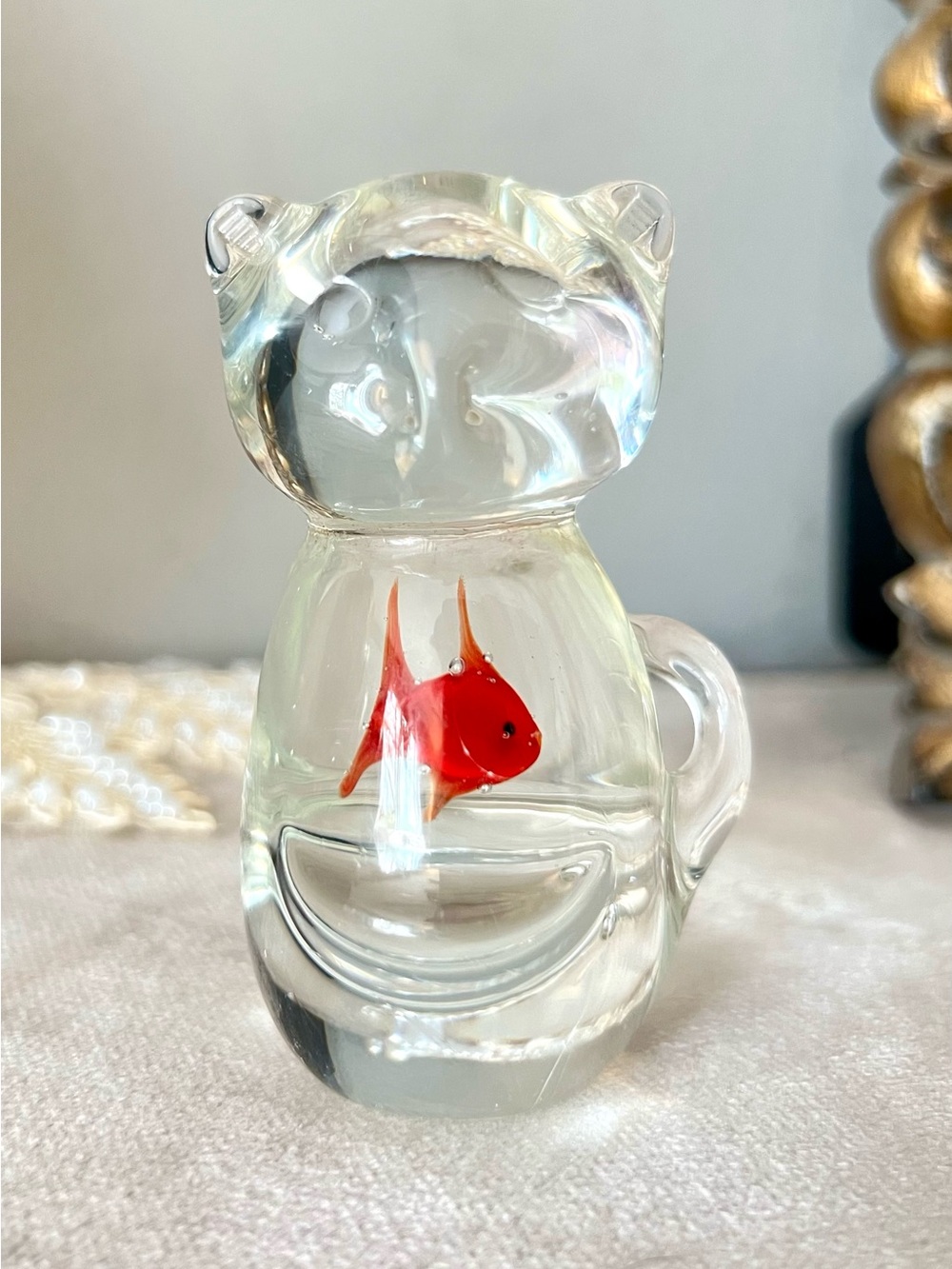Hand Blown Glass Cat Paperweight w/ Fish